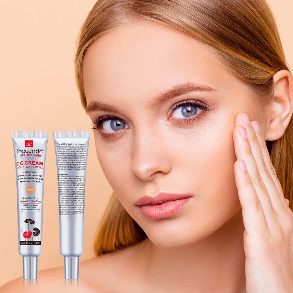 Creme Facial CC Corretor de Cor com Centella Asiatica, BB Cream Reparador e Base Líquida Clareadora - 45ml.